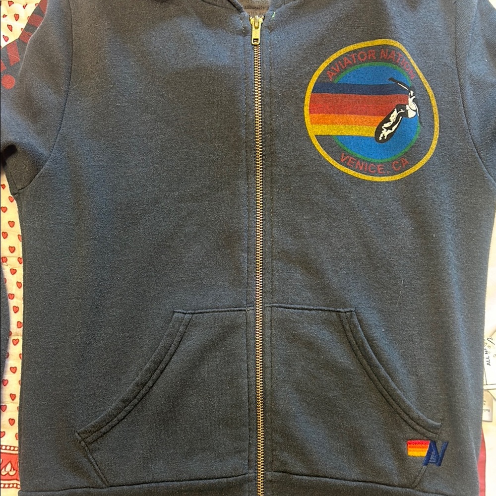 Aviator Nation Blue Zip-Up Jacket with Rainbow Patch
